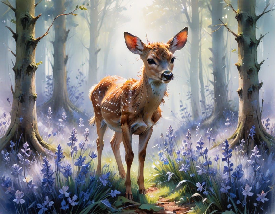 Fawn Among Bluebells: Neo-Impressionist Oil Painting