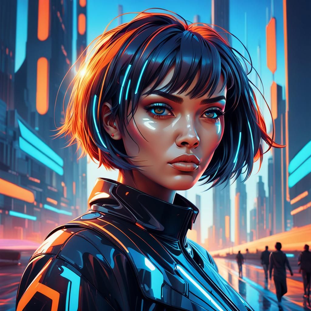 Anime Girl in Cyberpunk Cityscape at Sunset