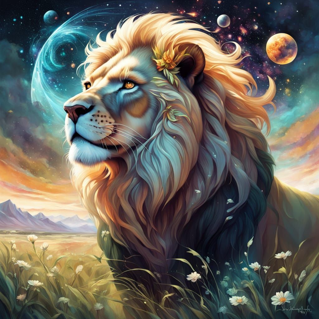 Cosmic Lion with Star Mane Digital Painting