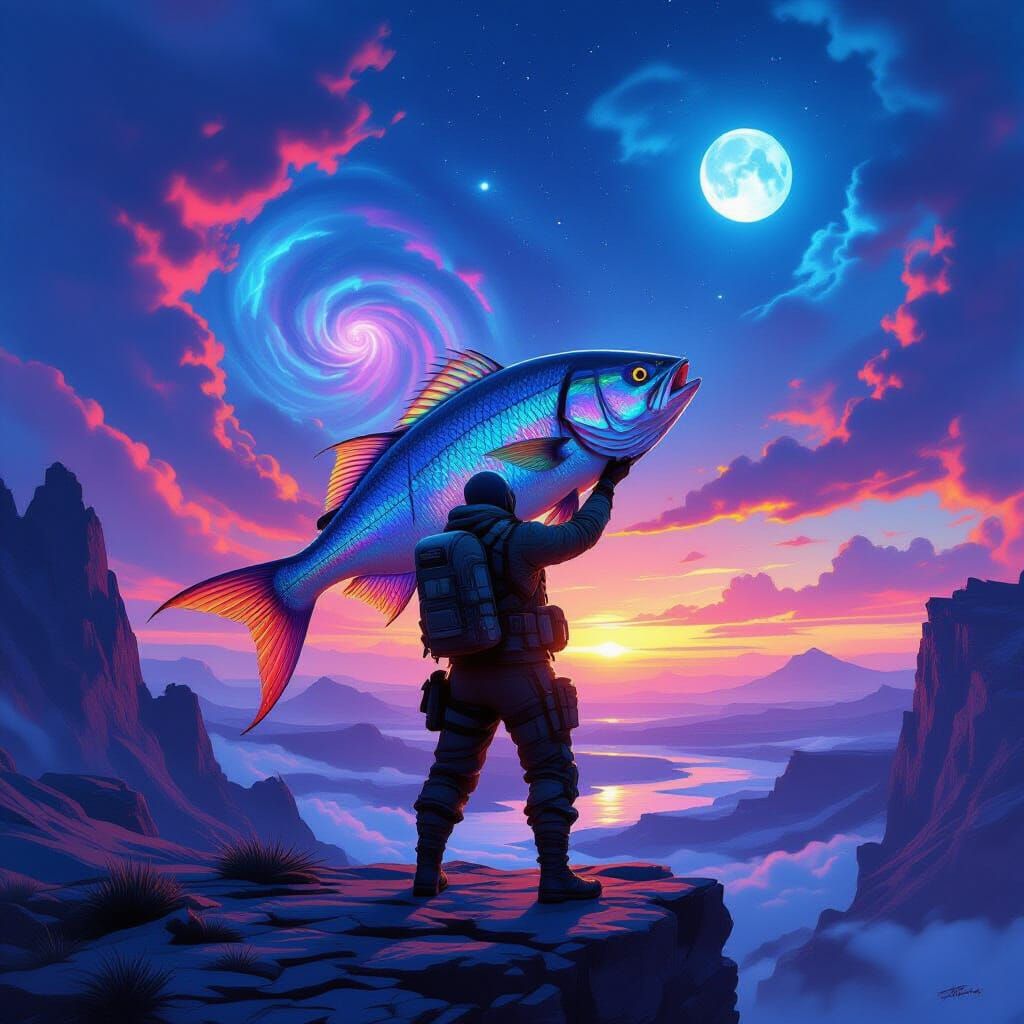 Survivalist with Giant Alien Fish Under Nebula Sky