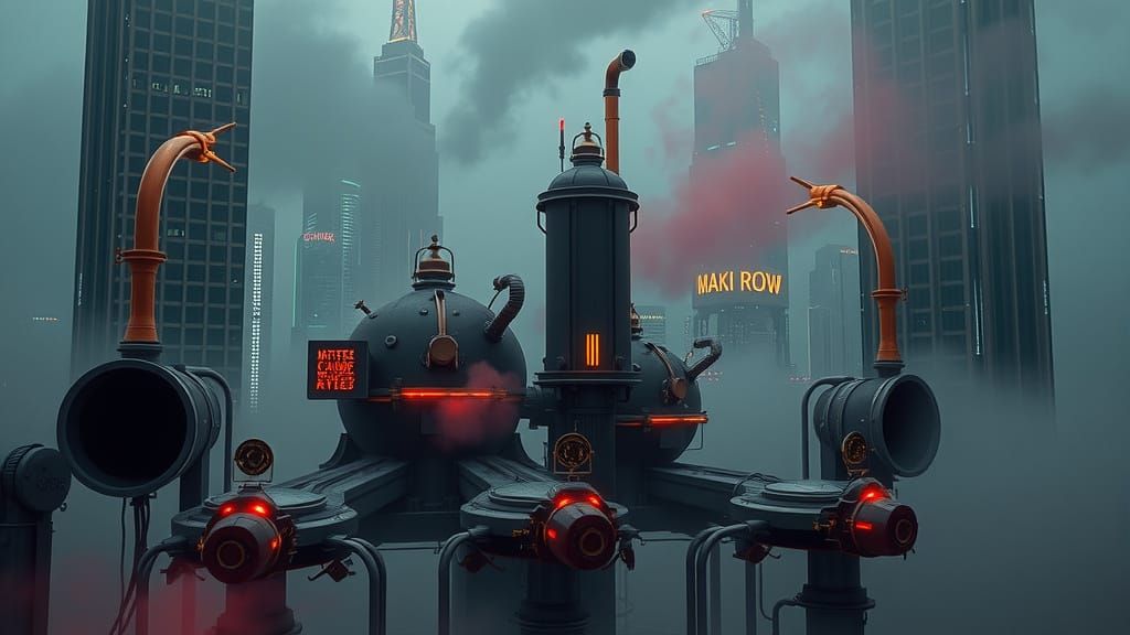 Dark Cityscape of Futuristic Skyscrapers in Industrial Art D...