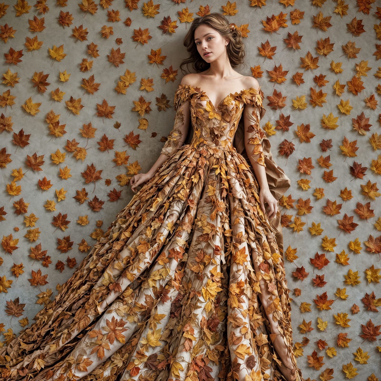 Woman in Autumn Leaf Gown: Realistic Masterpiece