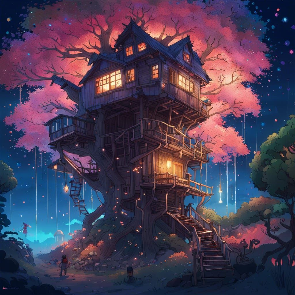 Magical Star Treehouse at Night, Digital Illustration