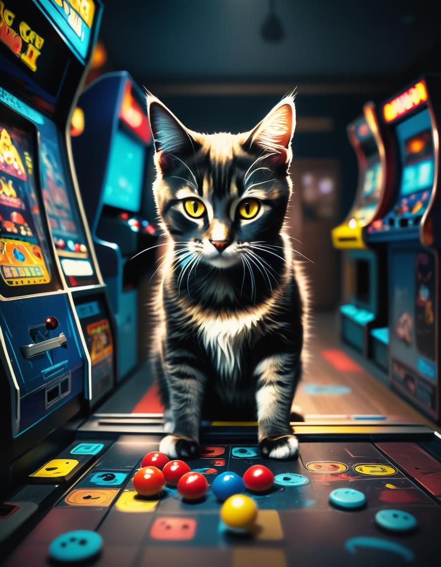 Cute Cat Plays Arcade Game in Film Still
