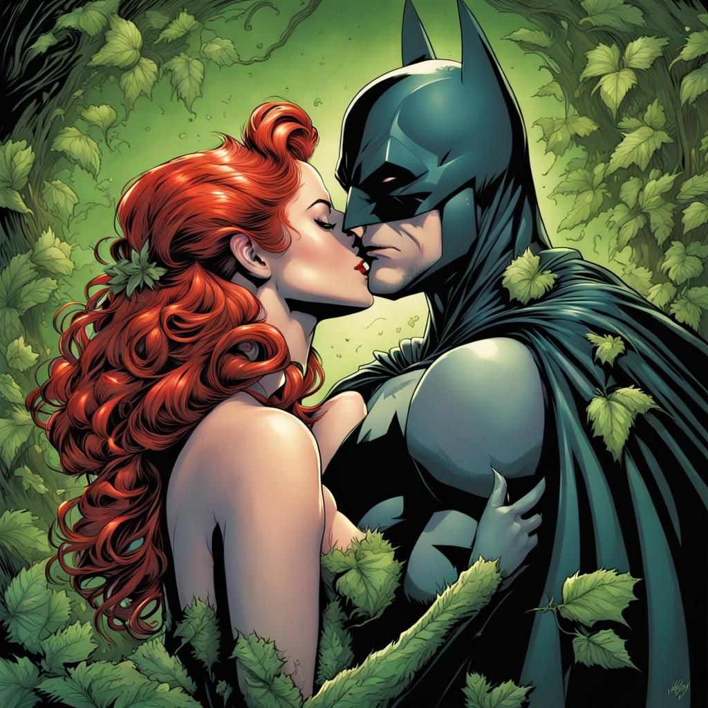 Poison Ivy and Batman Kiss: Comic Book Art