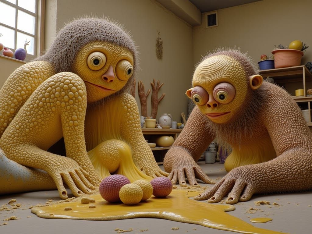 Clay Creatures Enjoy Potatoes in Art Studio