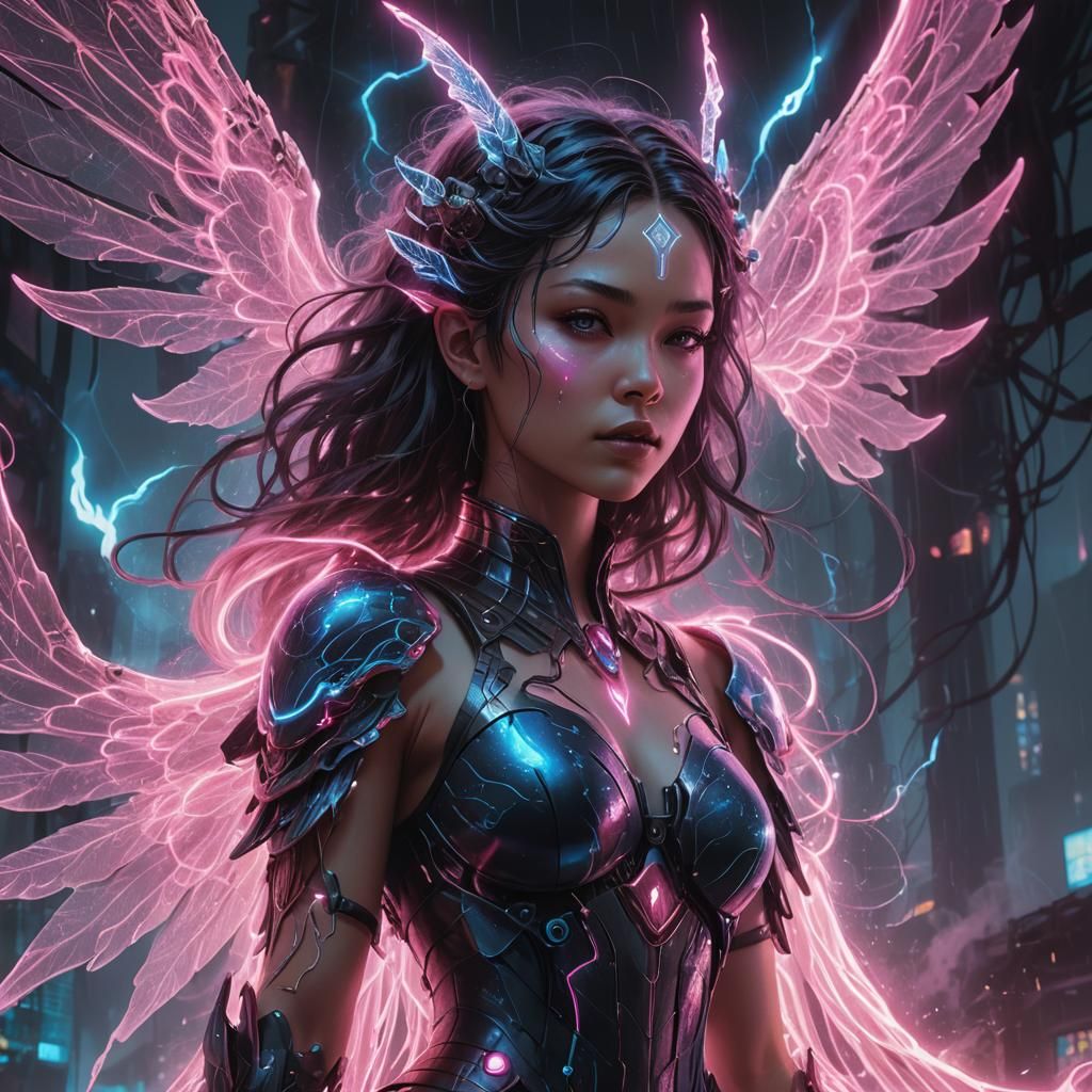 Cyberpunk Fairy Magic User with Neon Lightning