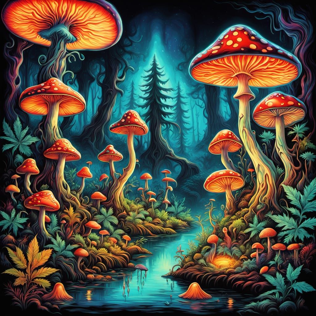 Surrealistic Whimsy: Enchanted Forest with Glowing Mushrooms