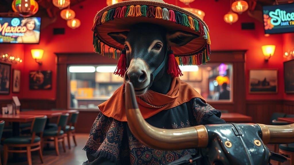 Humanoid Donkey Rides Bull in Medieval Fantasy Oil Painting