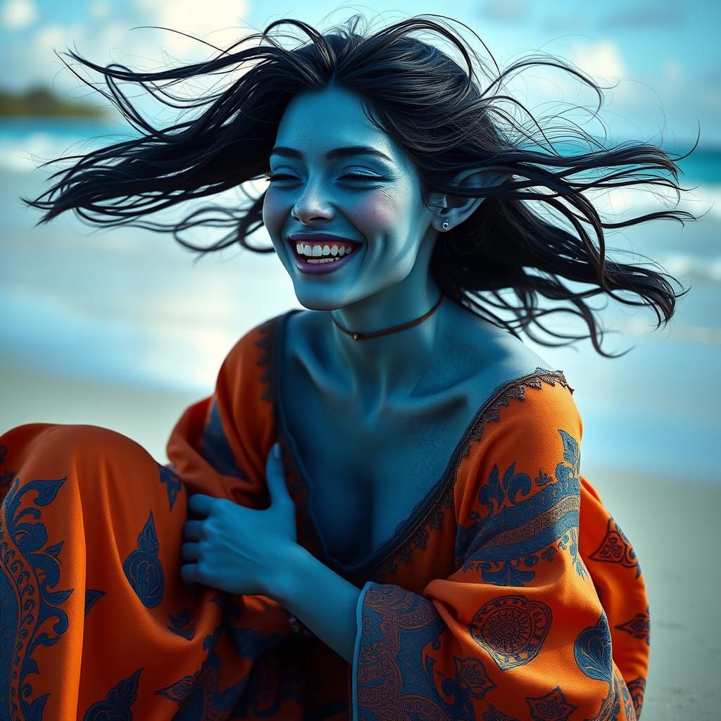 Fantasy Elf Woman in Vibrant Blue Makeup on a Beach