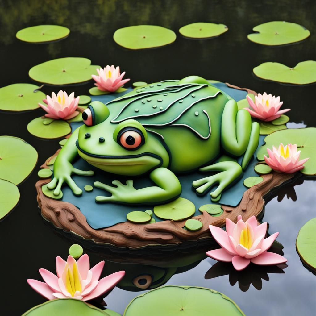 3D Frog Cake Sculpture in Pond Setting