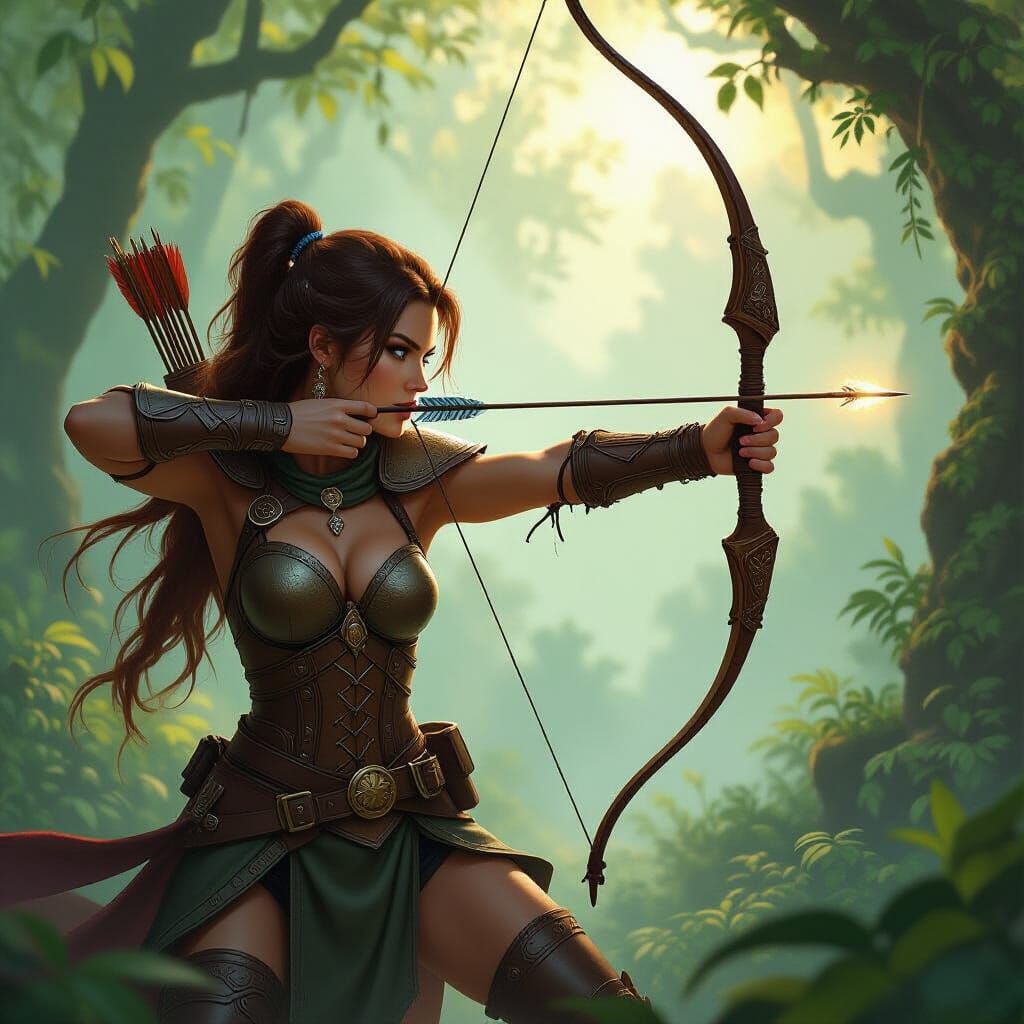 Fantasy Bow Hunter in Misty Forest, Oil Painting Style