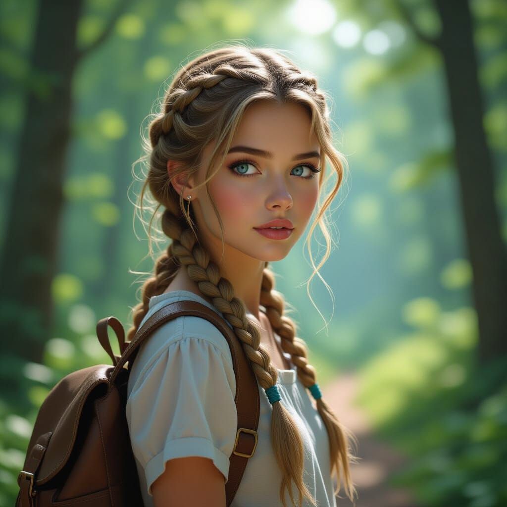 Blonde Girl in Forest, Detailed Matte Painting
