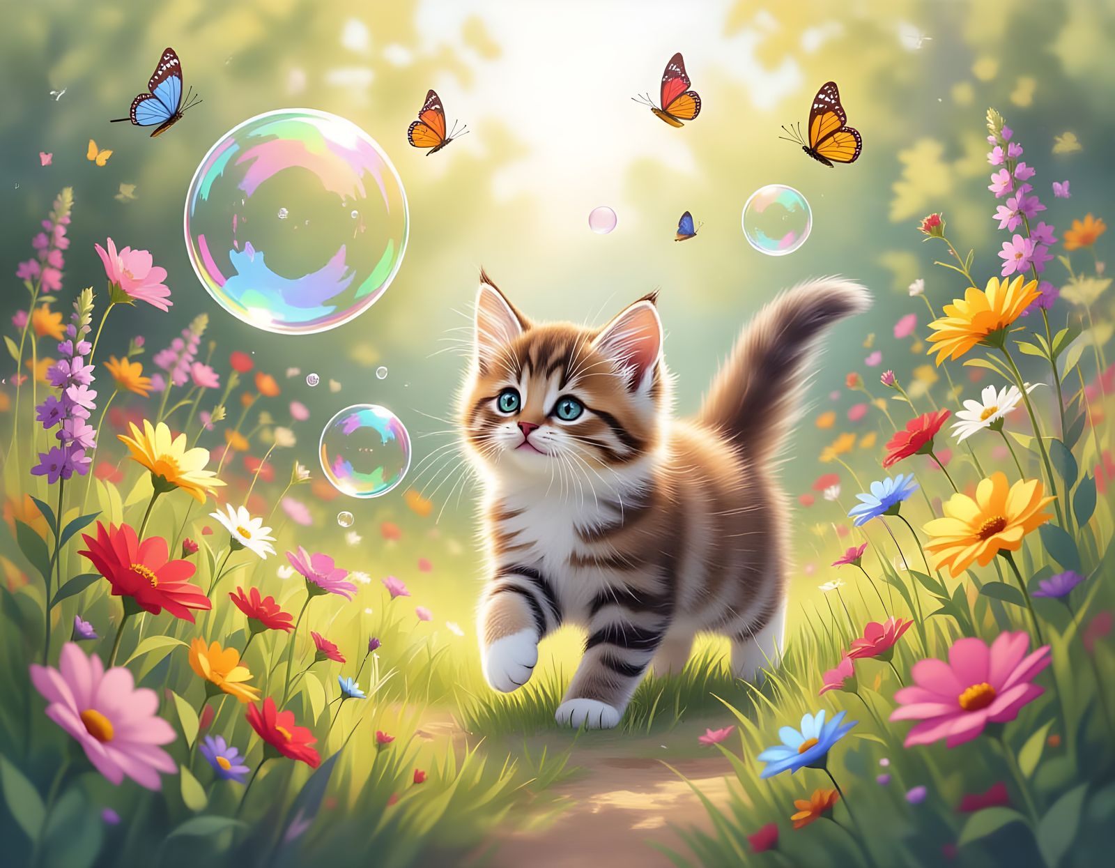 Playful Kitten Chasing Bubbles: Watercolor Garden Scene