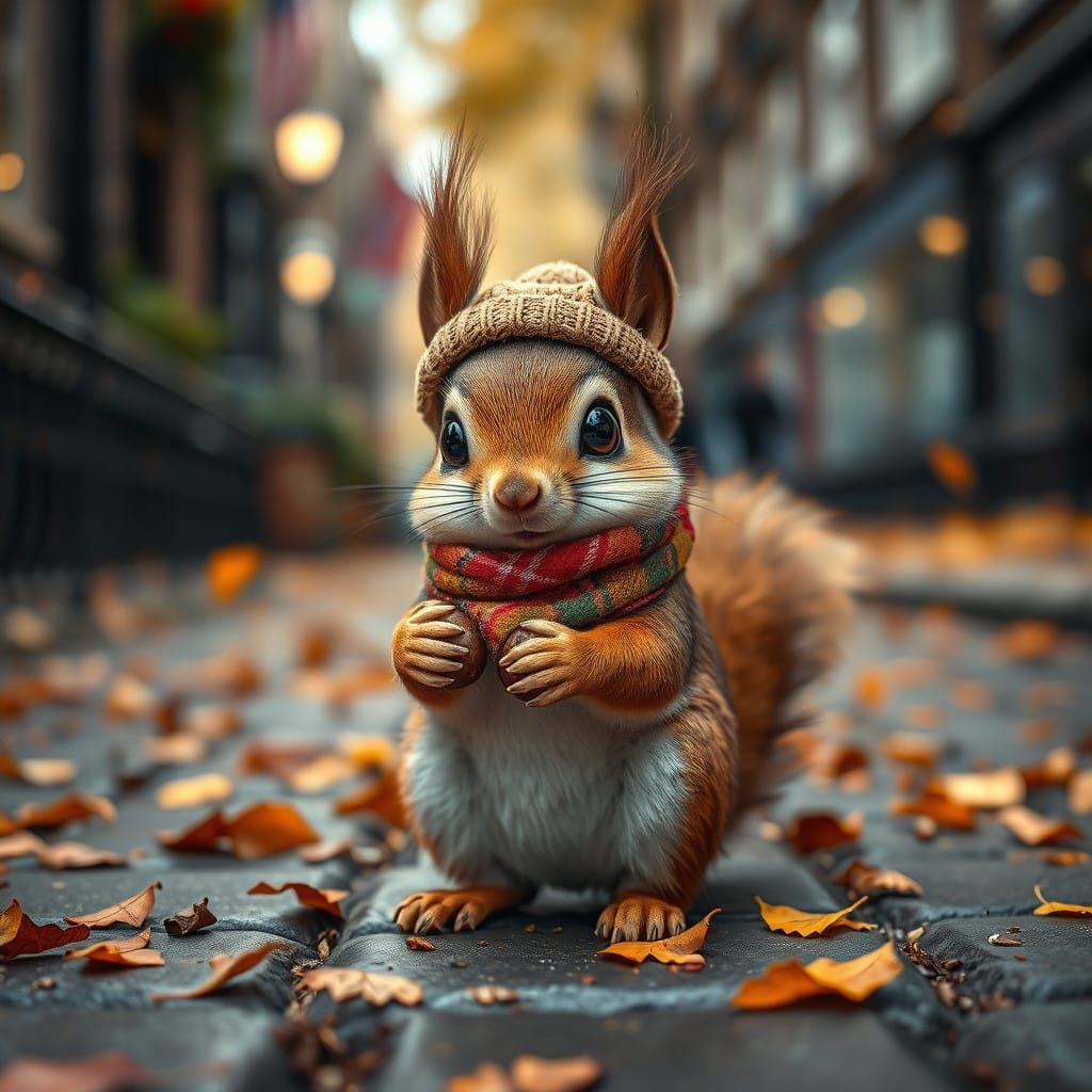 Surreal Chibi Squirrel Portrait in Whimsical Autumn Attire