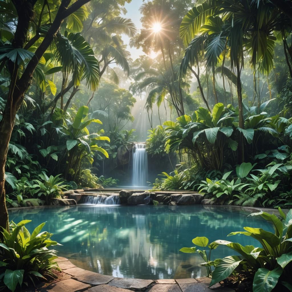 Majestic Tropical Waterfall in Dreamy Pastel Colors