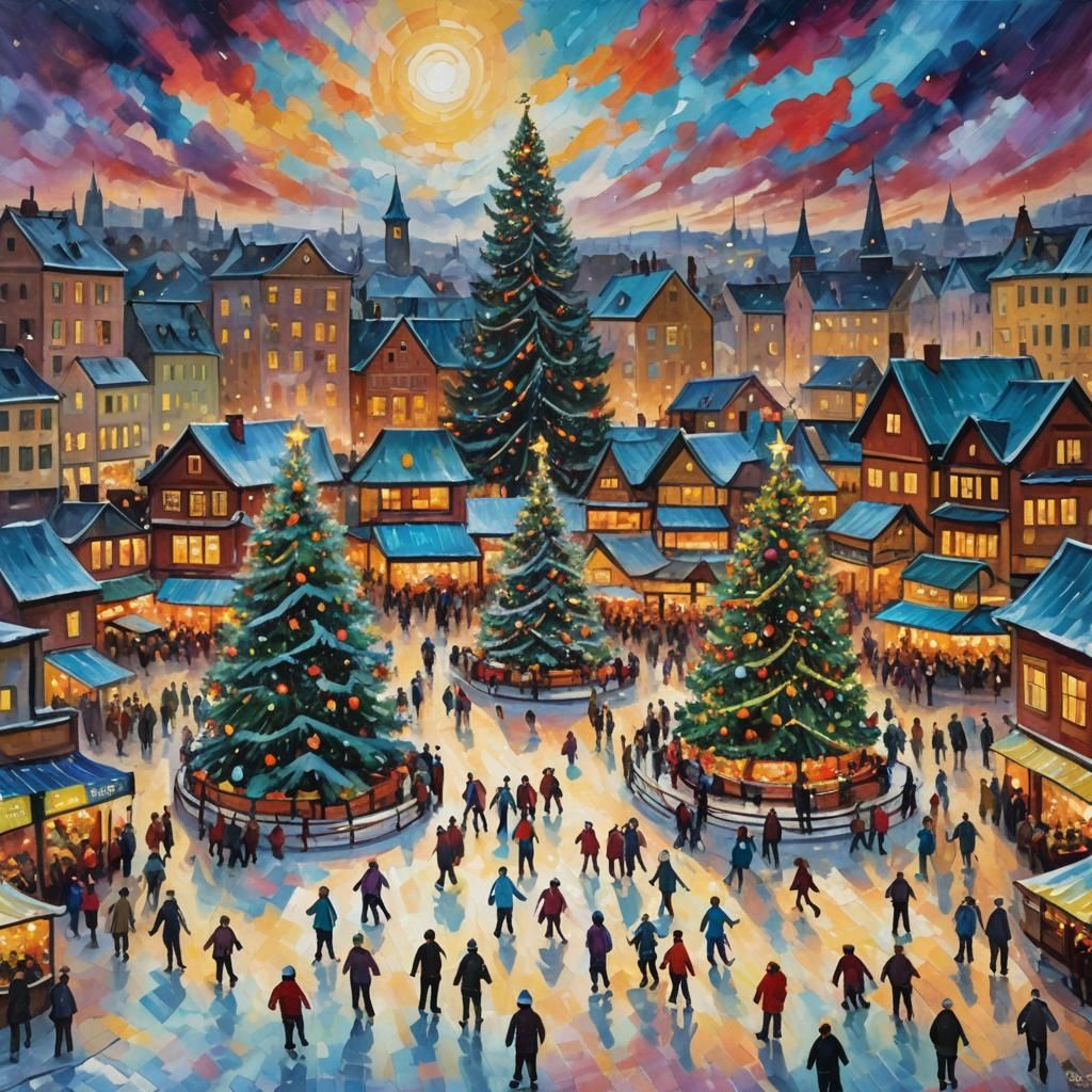 Christmas Eve Town Square in Neo-Impressionism Style