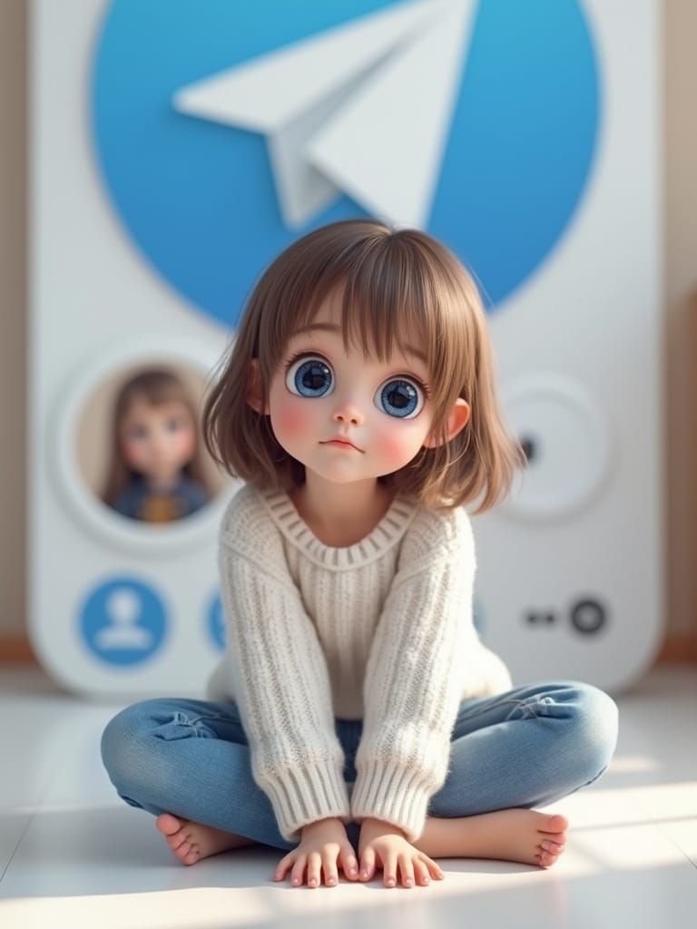 Photorealistic Girl in White Sweater with Telegram Logo