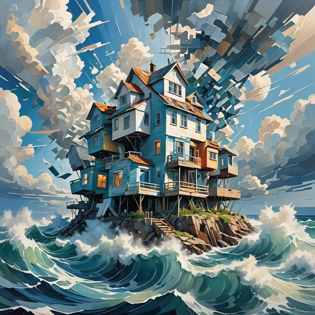 Abstract Cubist House on Island in Ocean