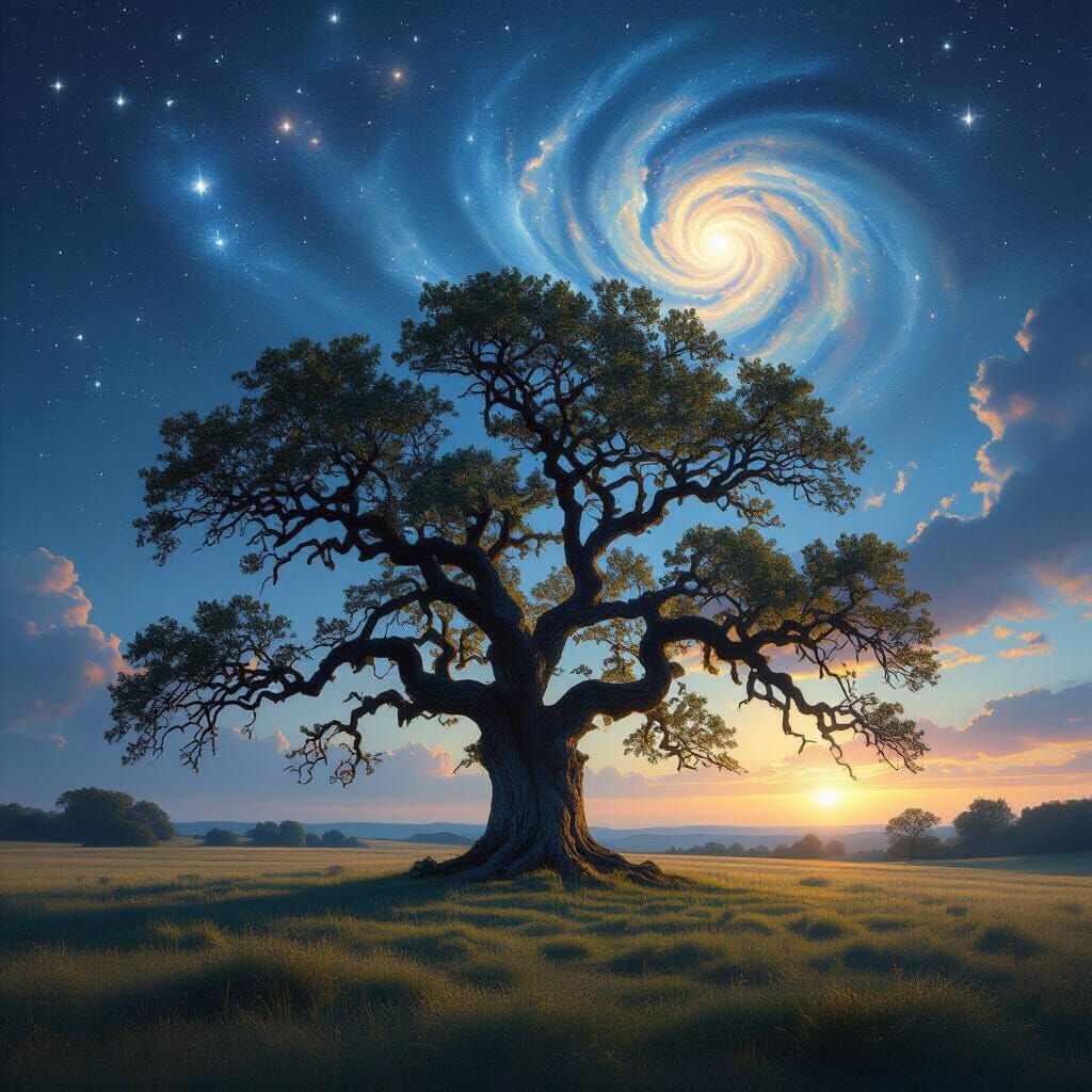 Majestic Oak Under Starry Skies: Romantic Landscape