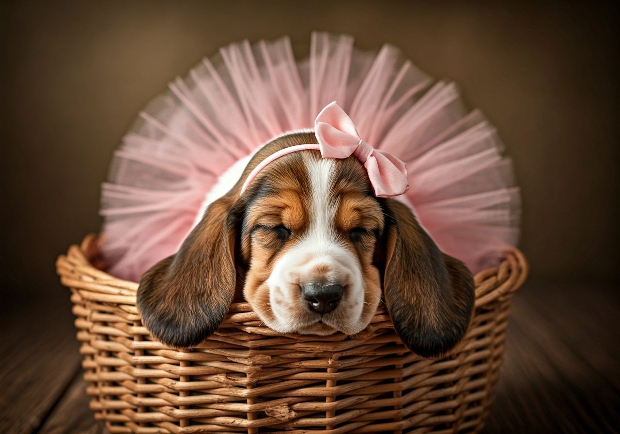 Sweet Basset Hound Puppy in Tutu in Cozy Basket