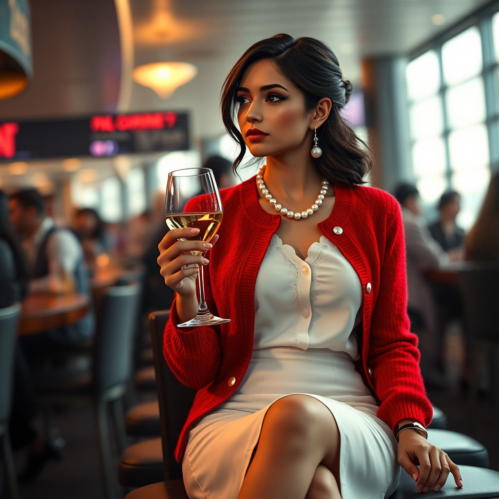Woman in Red Cardigan at Airport Bar, Matte Painting