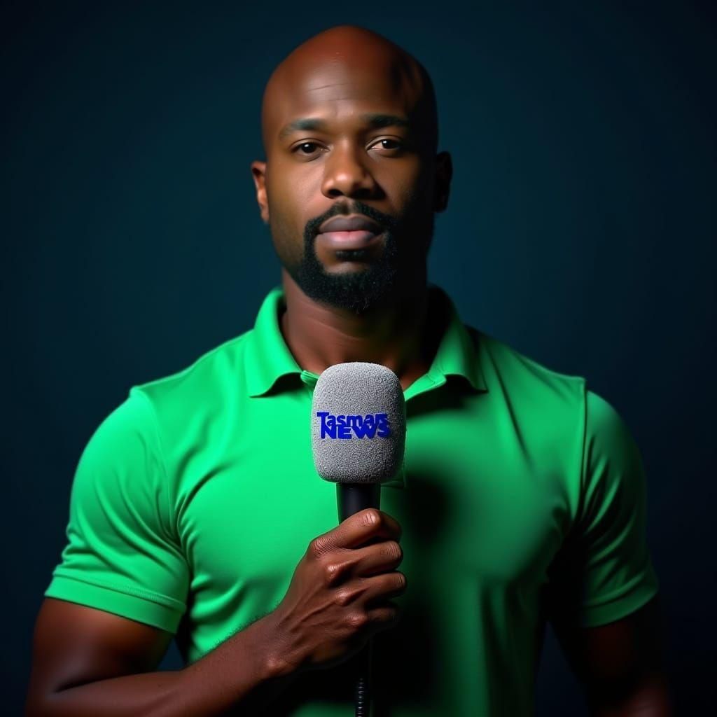 Bald Man with Microphone in Cinematic Style