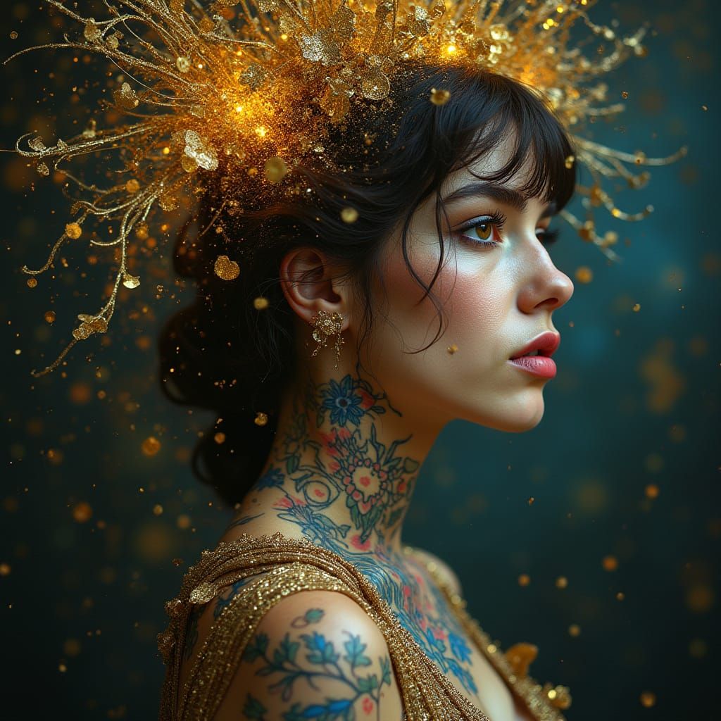 Edwardian Portrait with Neon Tattoos in Avant-Garde Style