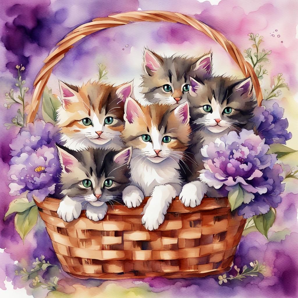 Fluffy Kittens in Springtime Basket: Watercolor Floral Art