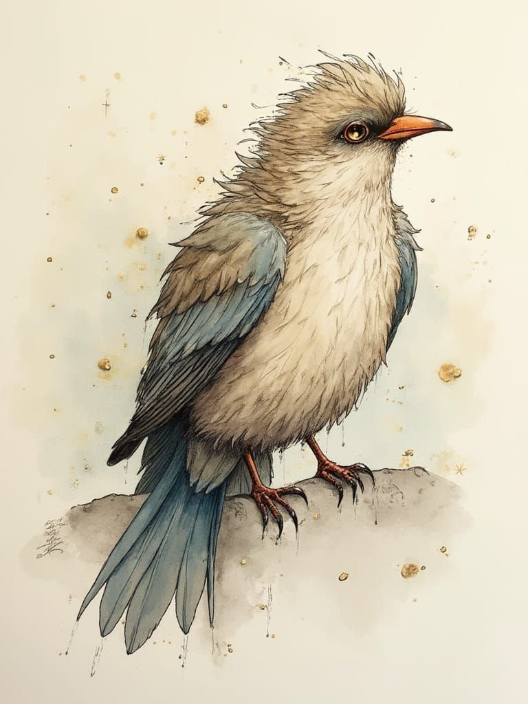Whimsical Bird in Ink Wash Style with Gold Outline