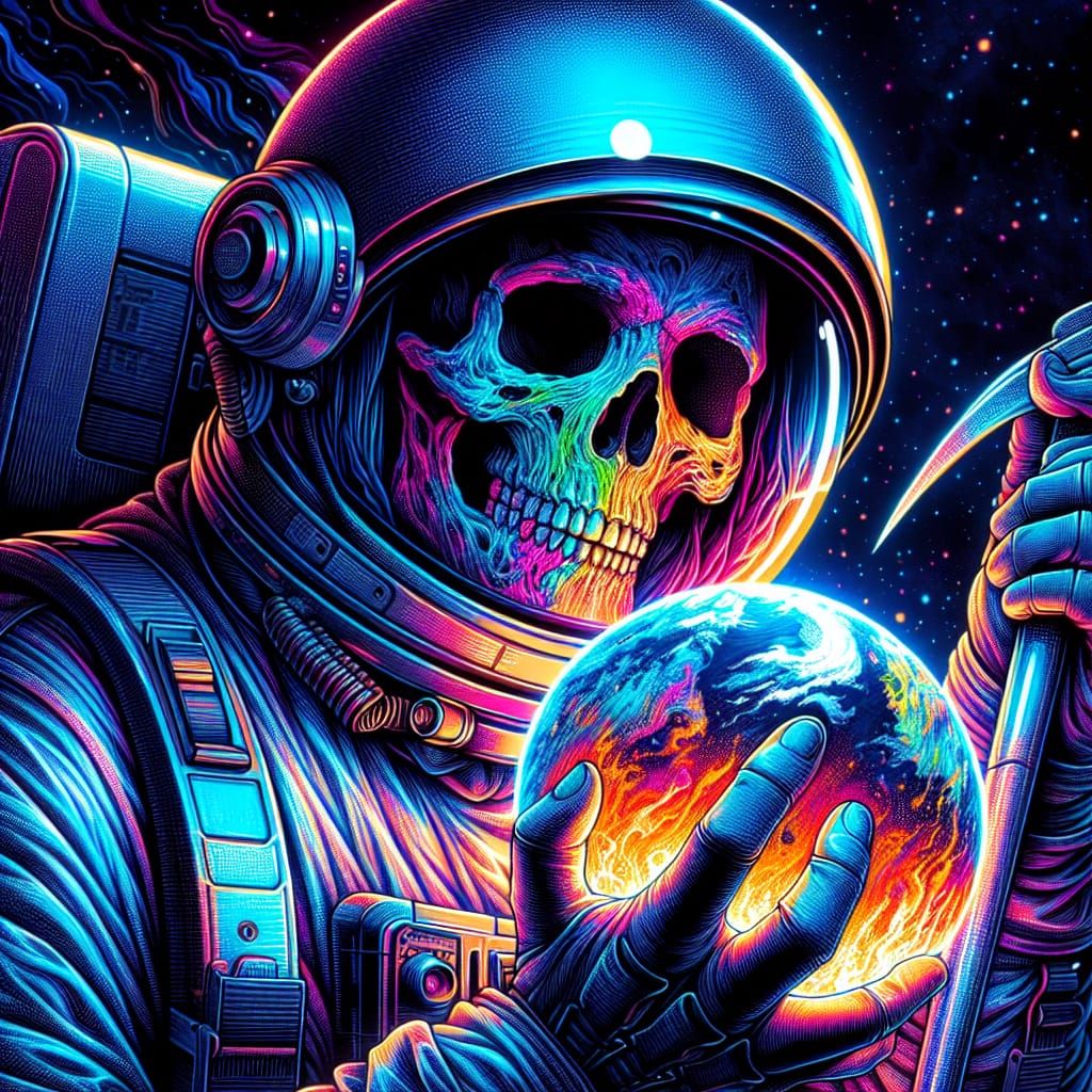 Astronaut Grim Reaper Holding Lava Planet: 3D Illustration