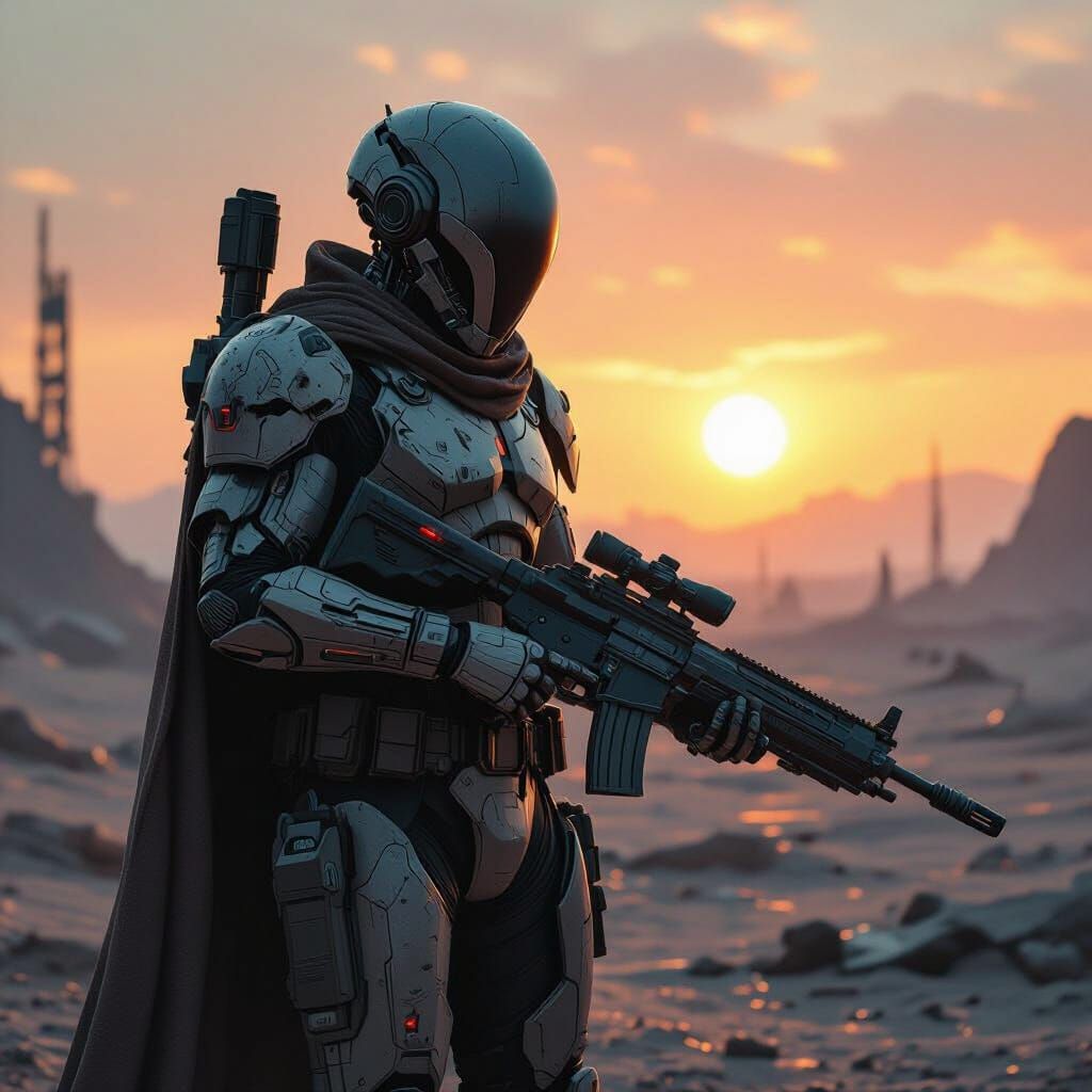 Alien Soldier on War-Torn Planet with Binary Sunset