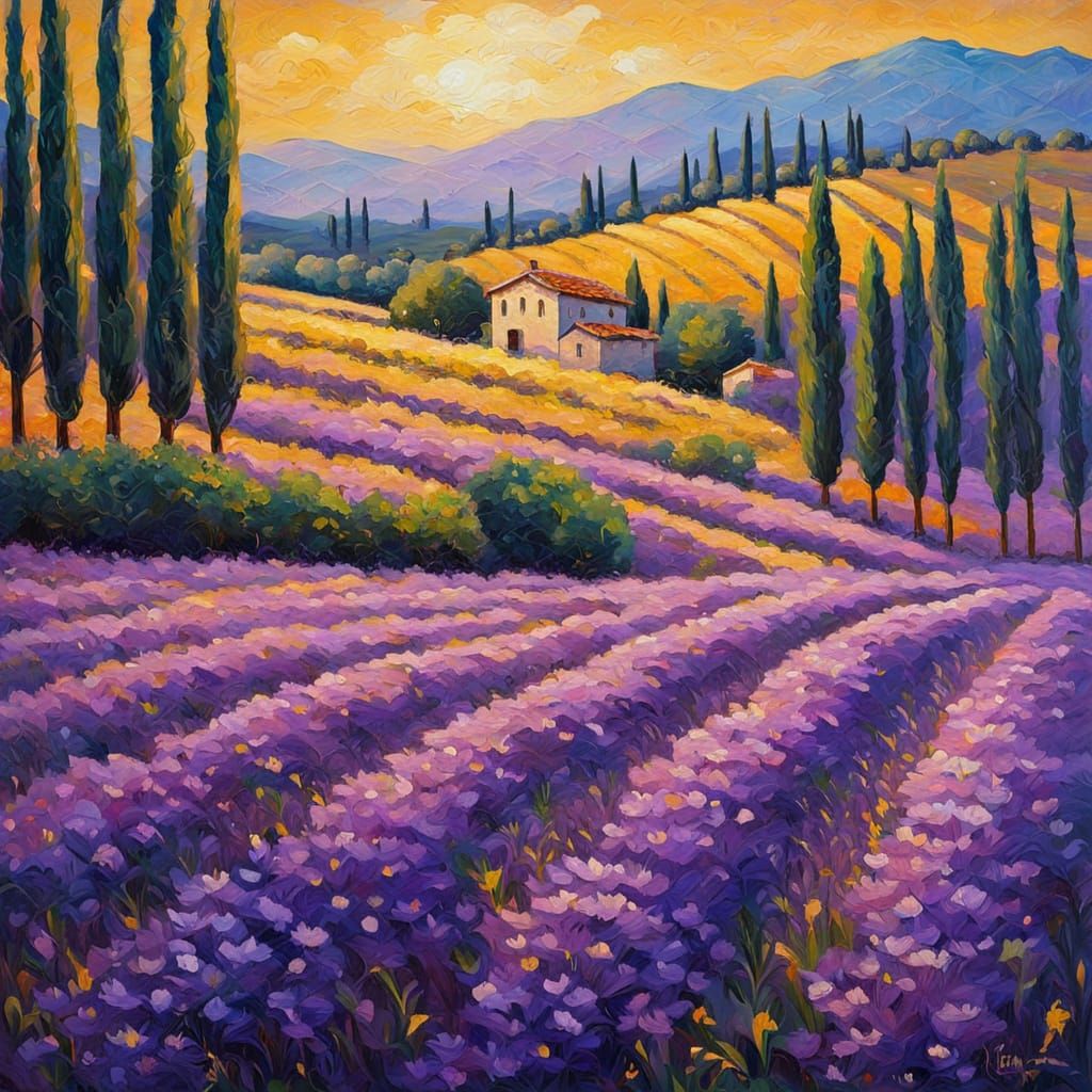 Lavender Field in Italy: Neo-Impressionist Oil Painting