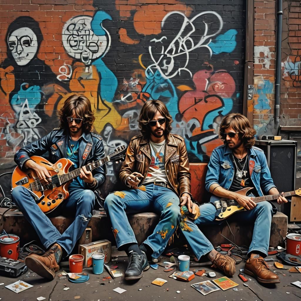 1970s Rock Band Relaxation in Graffiti Art Style