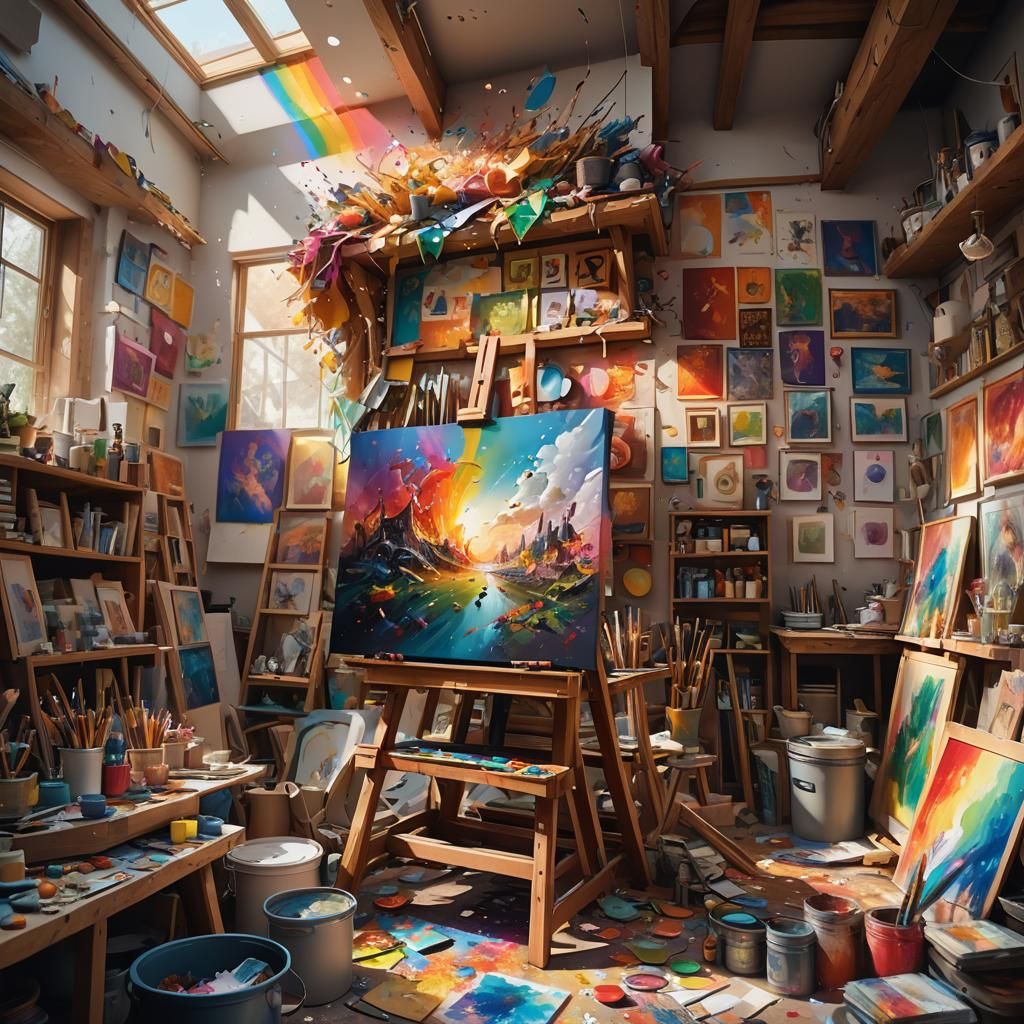 Chaotic Artist's Studio with Vibrant Painting
