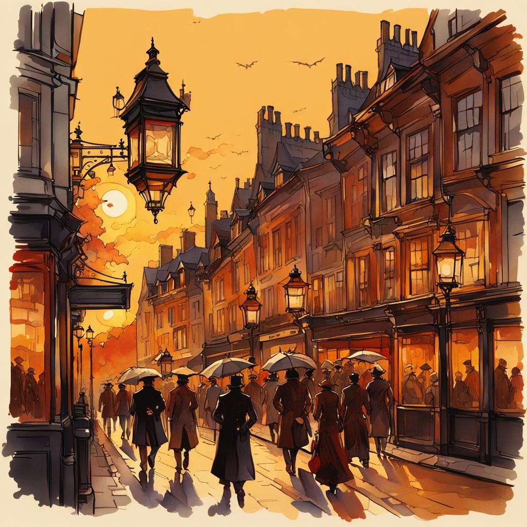 Steampunk Victorian London Street Scene in Ink