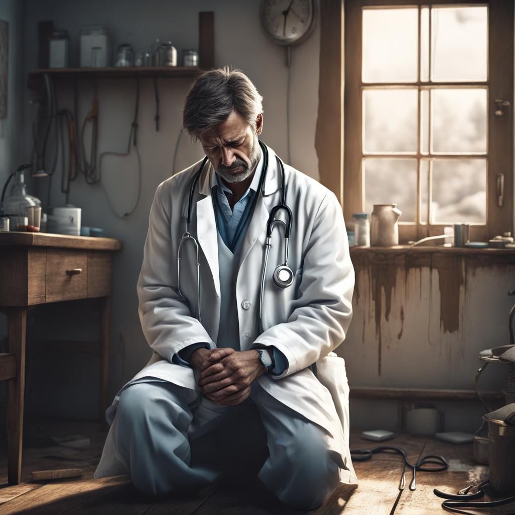 Depressed Doctor at Sick Patient's Bedside