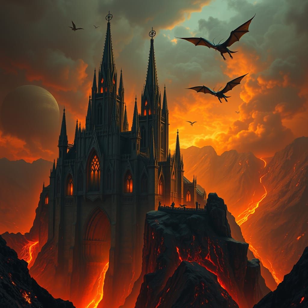 Gothic Cathedral on Volcanic Crater's Edge in Fiery Darkness