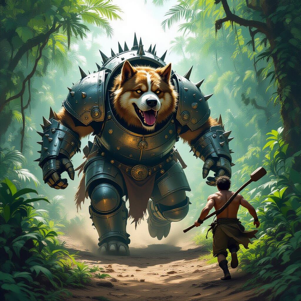 Armored Dog Chases Man Through Jungle, Dystopian Art