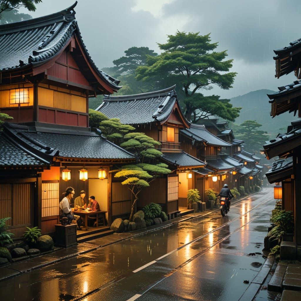 Edo to Kyoto Travelers Seek Shelter in a Summer Storm