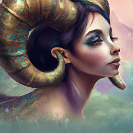 Aries Portrait: Detailed Digital Painting of Horned Woman