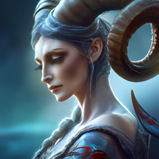 Dramatic Portrait of Horned Woman in Digital Matte Painting
