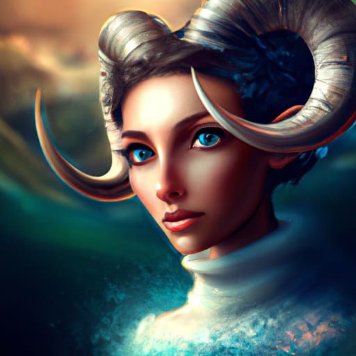 Dramatic Portrait of Aries with Horns in Digital Painting