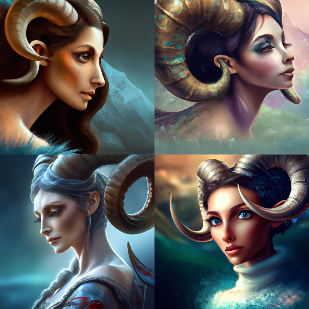 Dramatic Portrait of Horned Woman in Digital Painting