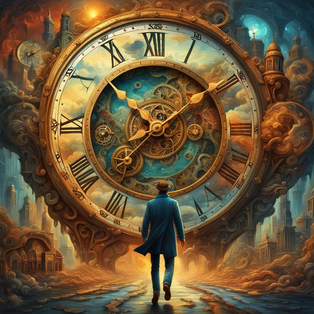 Time Traveler Enters Clock in Detailed Oil Painting
