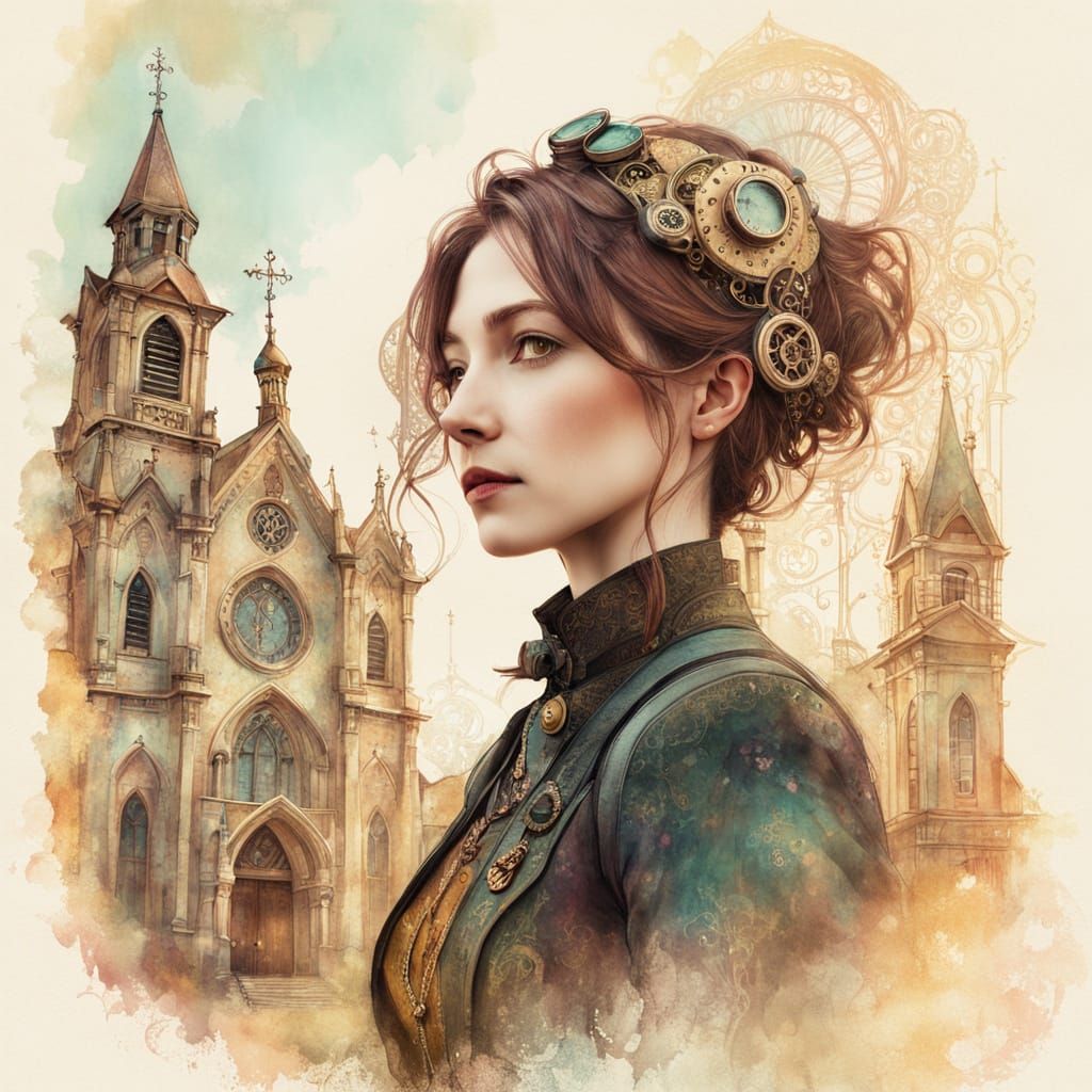 Steampunk Lady Stands Near Vintage London Church in Whimsica...