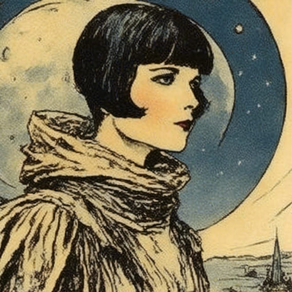 Retro Comic Book Portrait of Woman on Moon
