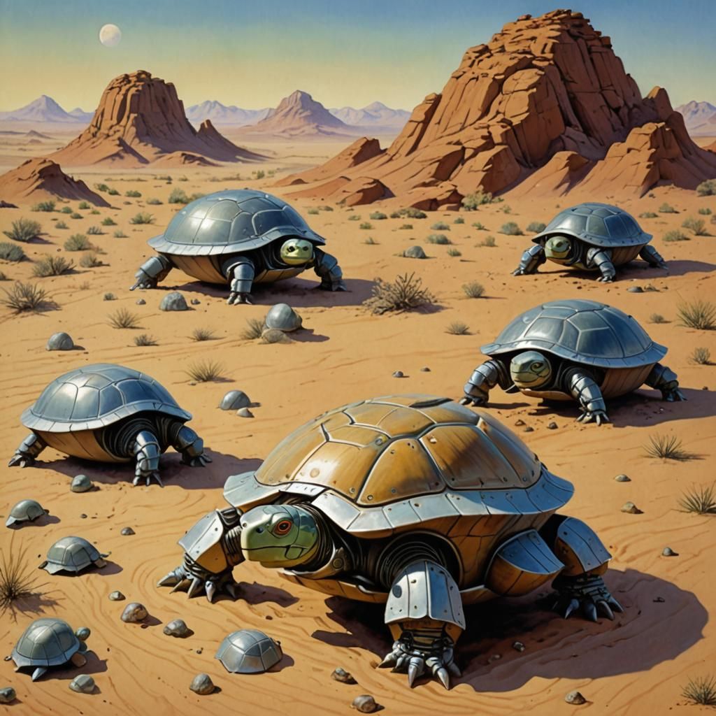 Armored Robot Turtles Battle in Desert Landscape