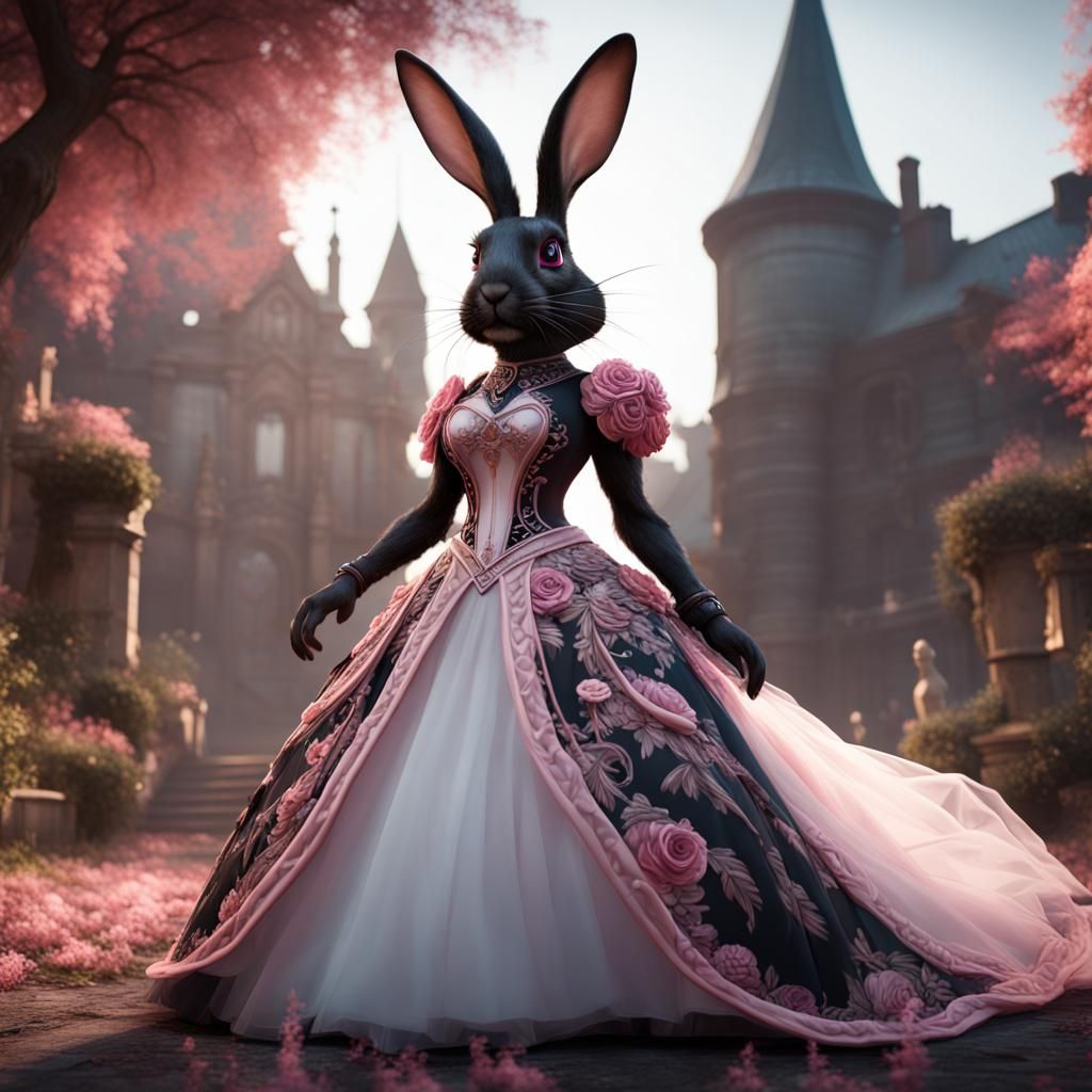 Black and Pink Anthropomorphic Rabbit in Wedding Dress