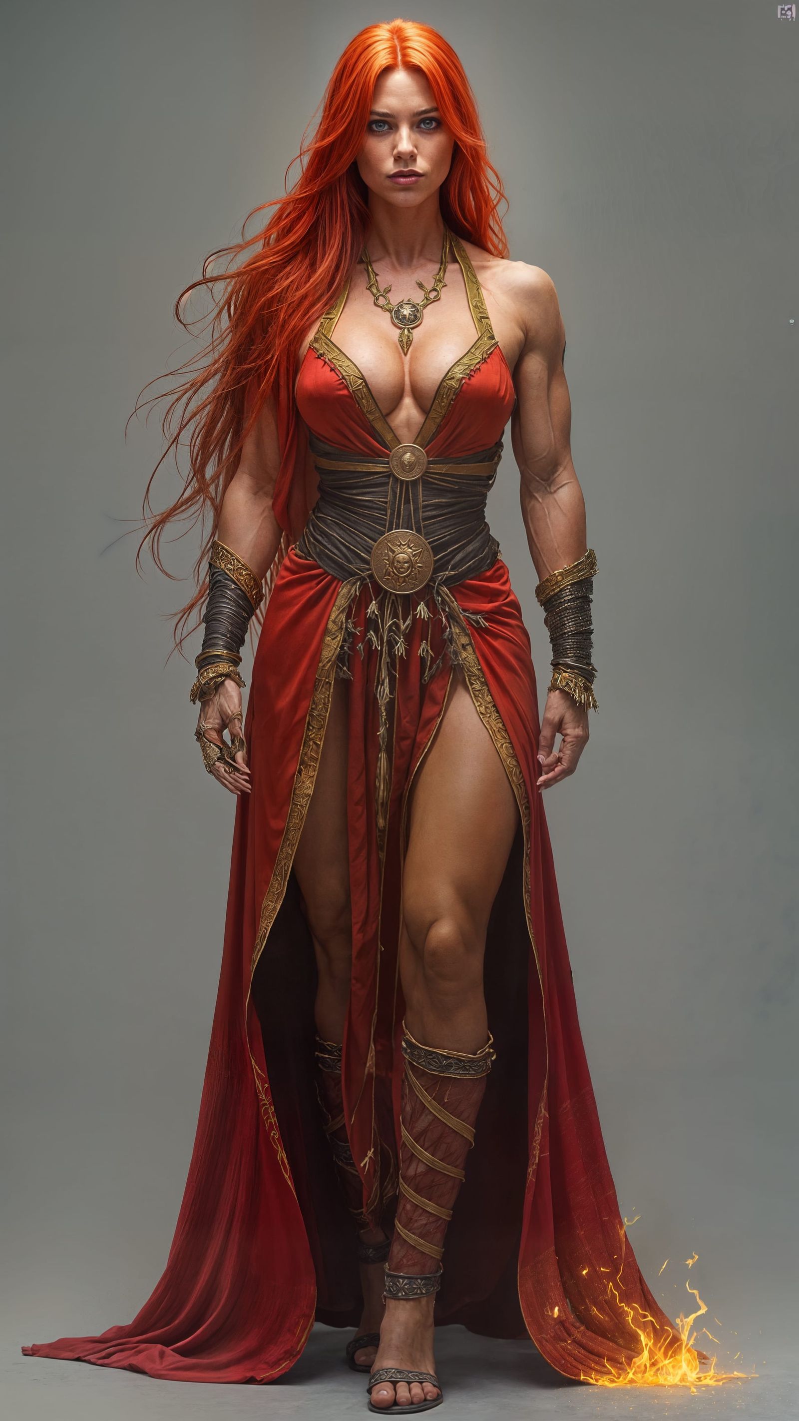 Fiery Priestess Warrior with Flowing Red Hair